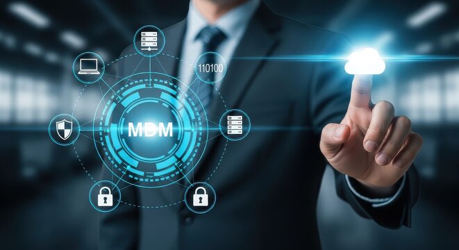 Businessman Interacting with MDM Mobile Device Management Interface for Data Security and Cloud Computing Solutions