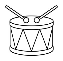 Hand-traced black and white vector icon illustration of a classic toy drum with crossed drumsticks, featuring a cylindrical shell with zigzag pattern and metal rims
