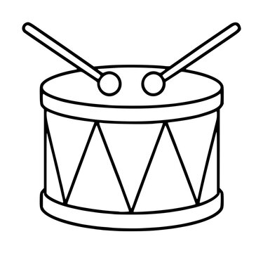 Hand-traced black and white vector icon illustration of a classic toy drum with crossed drumsticks, featuring a cylindrical shell with zigzag pattern and metal rims