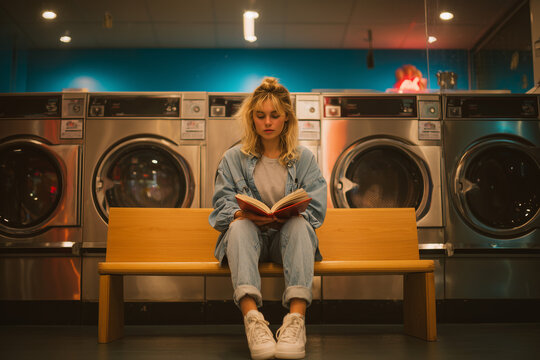 Young Blonde woman waiting in modern laundromat reading book