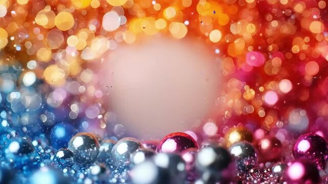 Vibrant abstract bokeh background with multicolored reflective spheres and lights