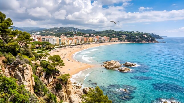 Mediterranean beach panorama. Rocky coastline landscape. Crystal clear turquoise sea. Travel destination photography