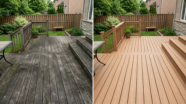 Comparative view of weathered and newly stained wooden deck with lush backyard scenery