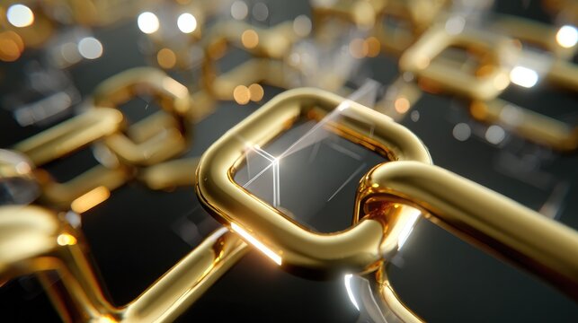 Interlocking Golden Links: A close-up macro shot showcases a gleaming golden chain with interlocking links, emphasizing strength, connection, and security.