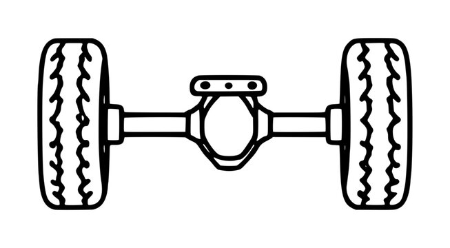 Hand-traced vector icon illustration of a trailer axle assembly with two wheels and central differential housing, minimalist black outline mechanical component