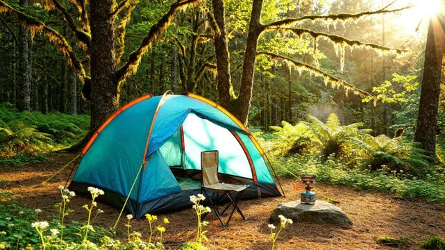 Scenic campsite in a lush forest with a tent, chair, and sunlight shining through the trees, creating a peaceful getaway