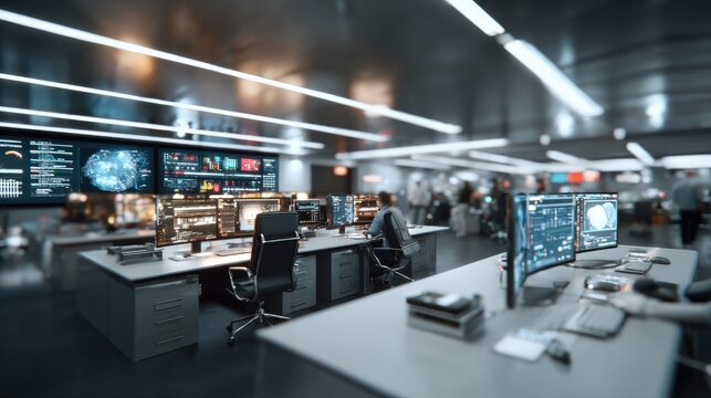 Modern Command Center: A futuristic command center hums with activity, screens displaying complex data and satellite imagery, reflecting a hub of technological innovation and global monitoring.