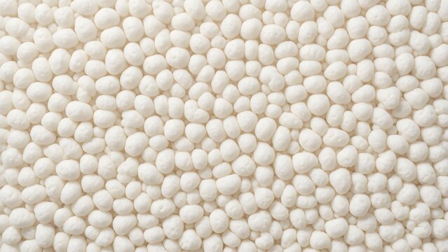 Top view of raw white sago pearls texture, tapioca starch balls background pattern, healthy ingredient