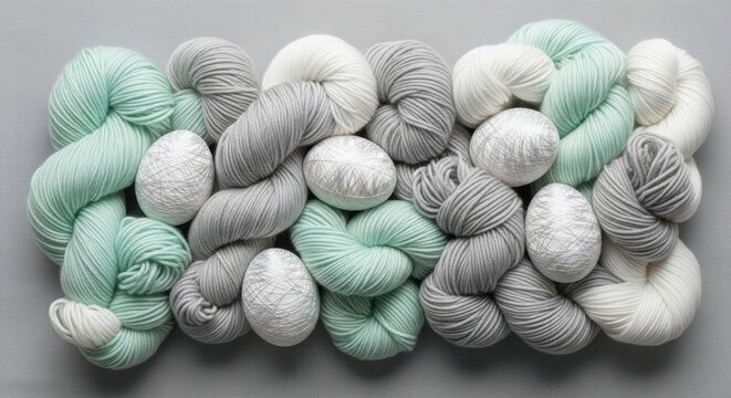 Easter eggs wrapped in silver thread surrounded by soft mint green, grey, and white yarn skeins on a textured grey background