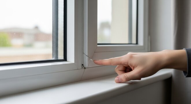 Close-up of a person pointing at a crack in a white plastic window frame