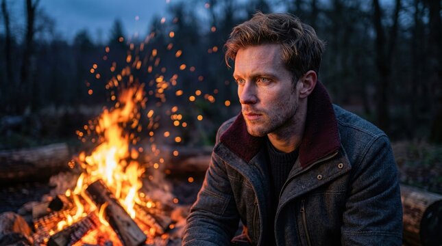 A thoughtful man sitting by a campfire in the woods at dusk