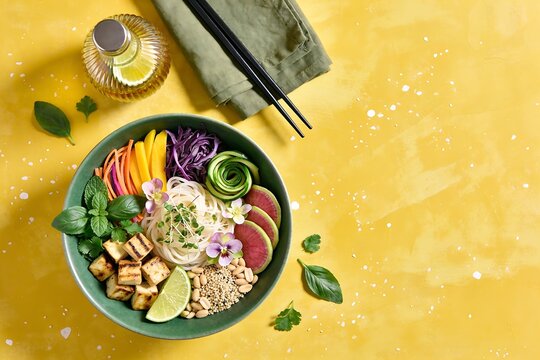 Rice noodle salad bowl with grilled tofu mango radish and herbs on bright yellow surface with generous space for copy