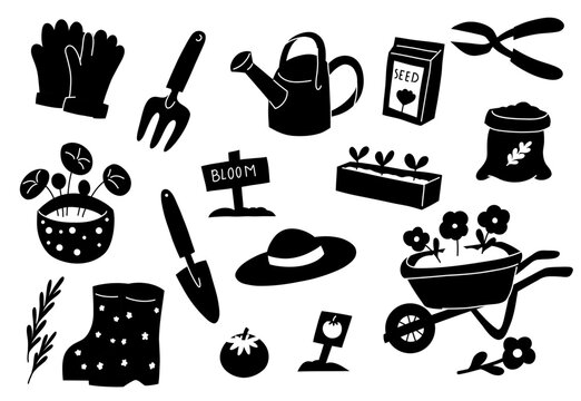 Vector set of black silhouette of gardening elements. Monochrome collection of gardening and horticulture clip arts