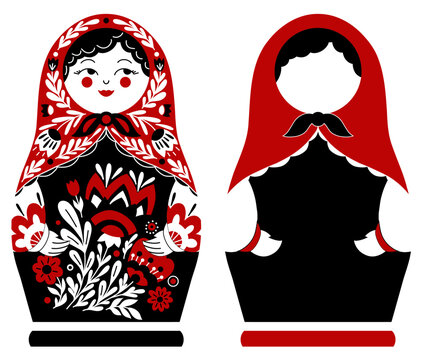 Vector set of black and red silhouette of matryoshka dolls in folk art style. Collection of monochrome decorative nesting dolls.