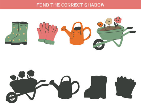 Vector educational game for children Find the correct shadow of gardening stuff. Practice template with hand drawn floriculture objects