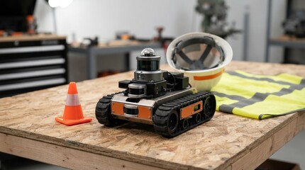 Fototapeta premium Compact mobile robot with laser scanner, safety cone, hard hat, and hi vis vest on a rough plywood workbench