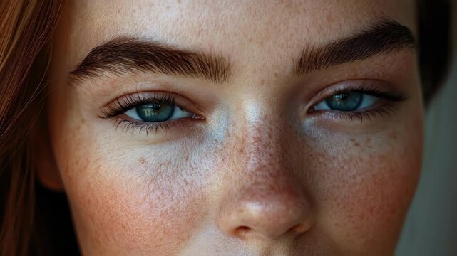 Close-up of a young caucasian woman with freckles and blue eyes