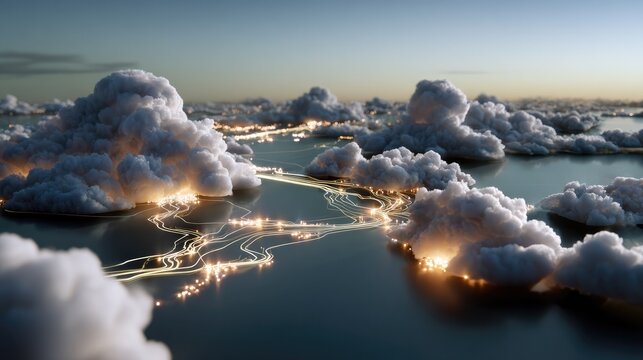 Conceptual Network of Clouds: An abstract visualization of a futuristic network connecting fluffy clouds over a serene body of water, illuminated by glowing lines of light.