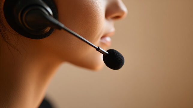 Close-up of woman wearing headset microphone