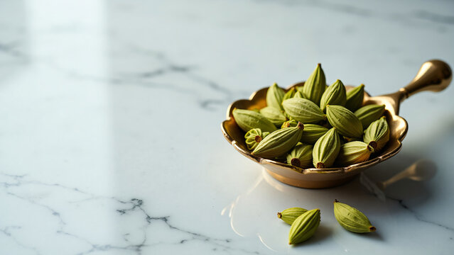 Cardamom Pods in Brass Holder on Marble Countertop