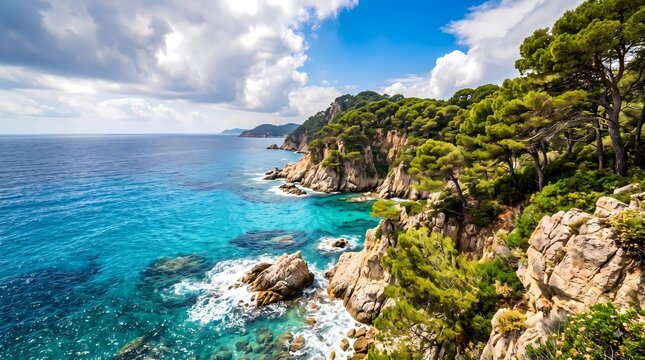 Mediterranean rocky coastline. Crystal clear turquoise sea. Scenic coastal landscape. Travel destination photography