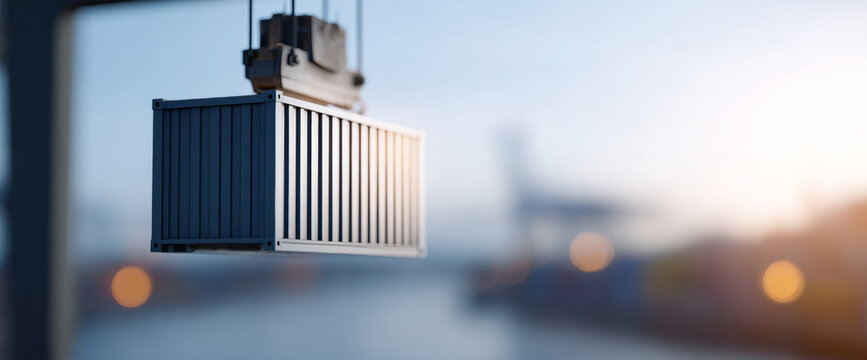 Shipping container lifted by crane at port