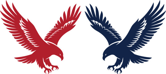 Fototapeta premium Red and blue american bald eagle mascot logo set flying with spread wings and talons