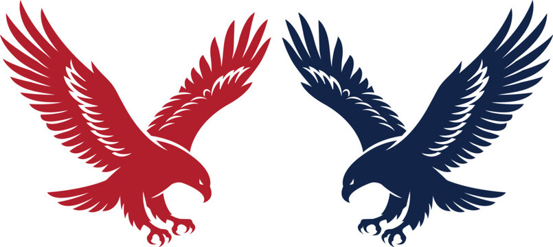 Red and blue american bald eagle mascot logo set flying with spread wings and talons