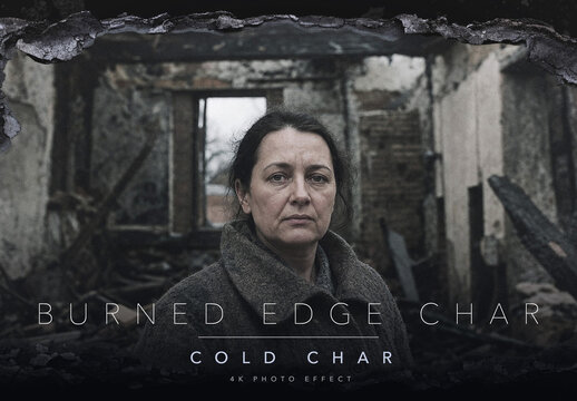 Burned Edge Char Photo Effect Template - Cold Charred Ash Grey Burnt Edges with Desaturated Smoke Damaged Photo Border