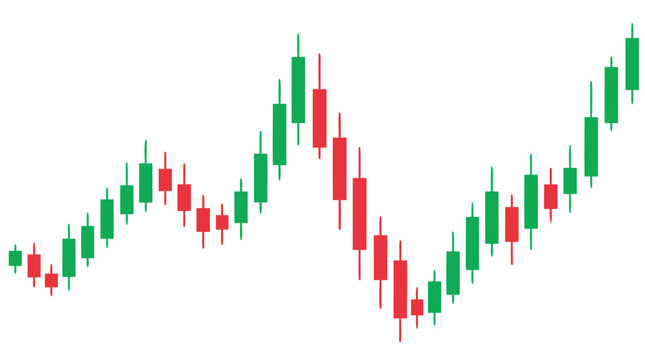 Stock market candlestick chart illustration showing rising and falling volatility trend, bold red and green flat colors on clean white background, vector graphic for finance