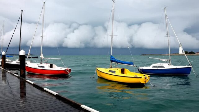 Colorful sailboats bobbing on the water tied to a dock on a cloudy day with a lighthouse in the distance.