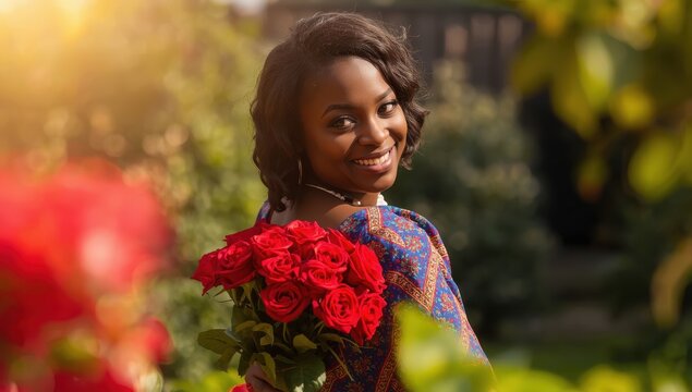 A young Nigerian woman mischievously concealing a bouquet of roses. Ideal for themes of intrigue, romantic surprises, dating, and anniversaries.