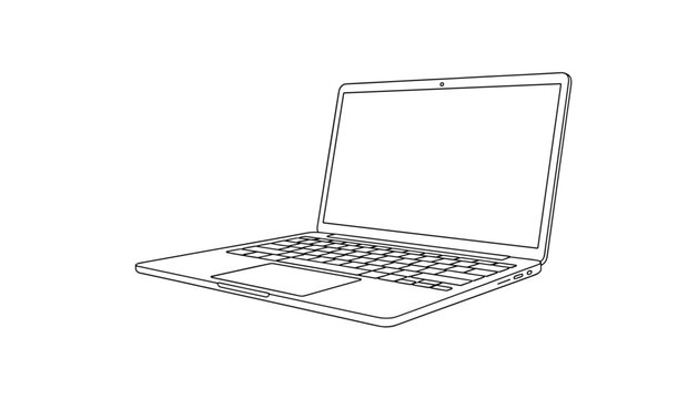 Clean black and white line drawing of a modern slim laptop computer shown from an angled perspective view.