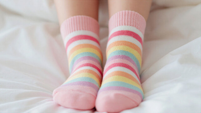 Colorful striped socks on feet with soft pastel tones and cozy fabric