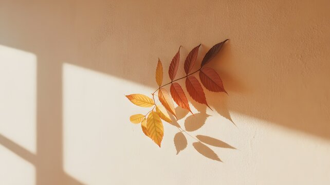 A single branch with autumnal leaves casts a long shadow on a light-colored wall, illuminated by the warm, soft light of the sun