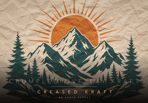 Crumpled Kraft Paper Photo Effect Template - Creased Brown Paper Texture Overlay for Full Frame Prints with Realistic Crease Shadows and Warm Kraft Grade