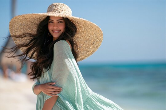 Smiling young Latina woman wearing wide brim hat on sunny tropical beach
