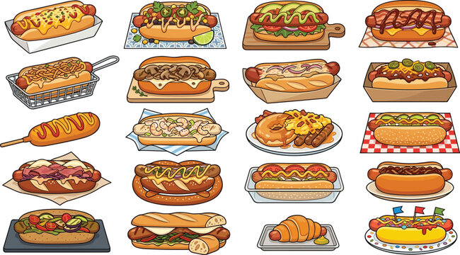 Gourmet Hot Dog and Sausage Street Food Collection with Corn Dog Mexican Style Pretzel Bun French Baguette and Cornucopia Variety Vector Icons Set