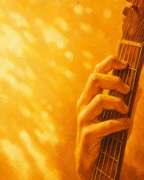 Left Hand Pressing Guitar Fretboard with Negative Space in Amber Tones Art