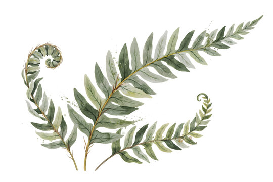 Hand-drawn watercolor of green fern leaves with curled fronds, isolated on a white background, for botanical
