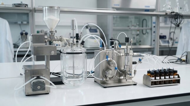 Drug solubility optimization with dissolution vessel, microfluidic tubing, amber vials, powder feeder, and stainless manufacturing module
