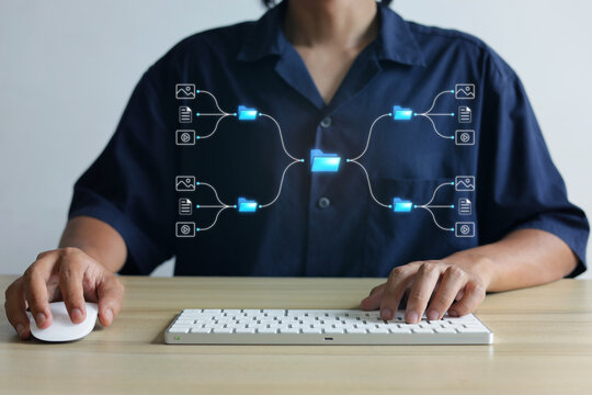 Person Operating Computer With Digital Data Management On Desk Office