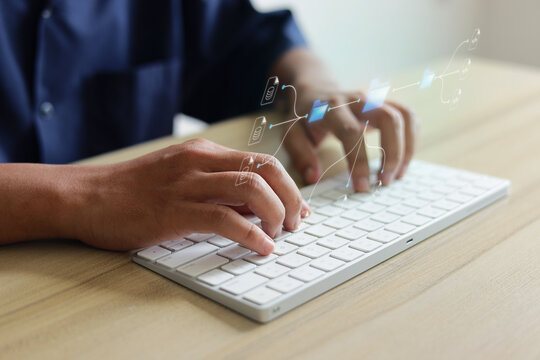 Worker Typing On Keyboard With Digital Data Management At Office Area
