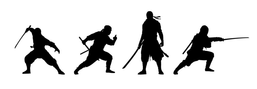 Set of ninja warriors silhouettes, fighting poses with swords, vector illustration