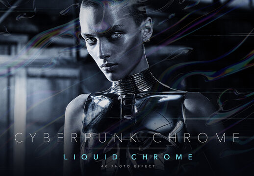 Cyberpunk Chrome Photo Effect Template - Liquid Metal Holographic Iridescent Futuristic Sci Fi Look