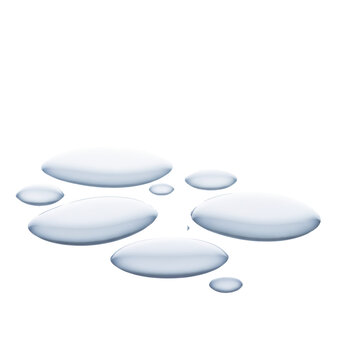 Macro shot of crystal-clear water droplets and puddles with subtle blue tint, high surface tension on a transparent reflective surface, transparent background, scientific clarity and hydration