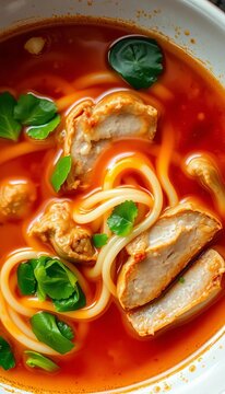 Savory broth with swirling noodles and tender pork slices, ||pork, meal