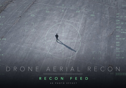 Aerial Drone Surveillance Photo Effect Template - Recon HUD Overlay with Crosshair Reticle Top Down Camera Feed Look