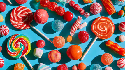 Fototapeta premium Colorful Candy Assortment on Bright Blue Background, Playful Sweet Flat Lay