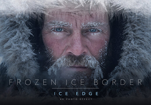 Frozen Ice Border Photo Effect Template - Winter Frost and Ice Crystal Frame Overlay with Snow Crust Icicles and Cold Arctic Freeze Color Grade